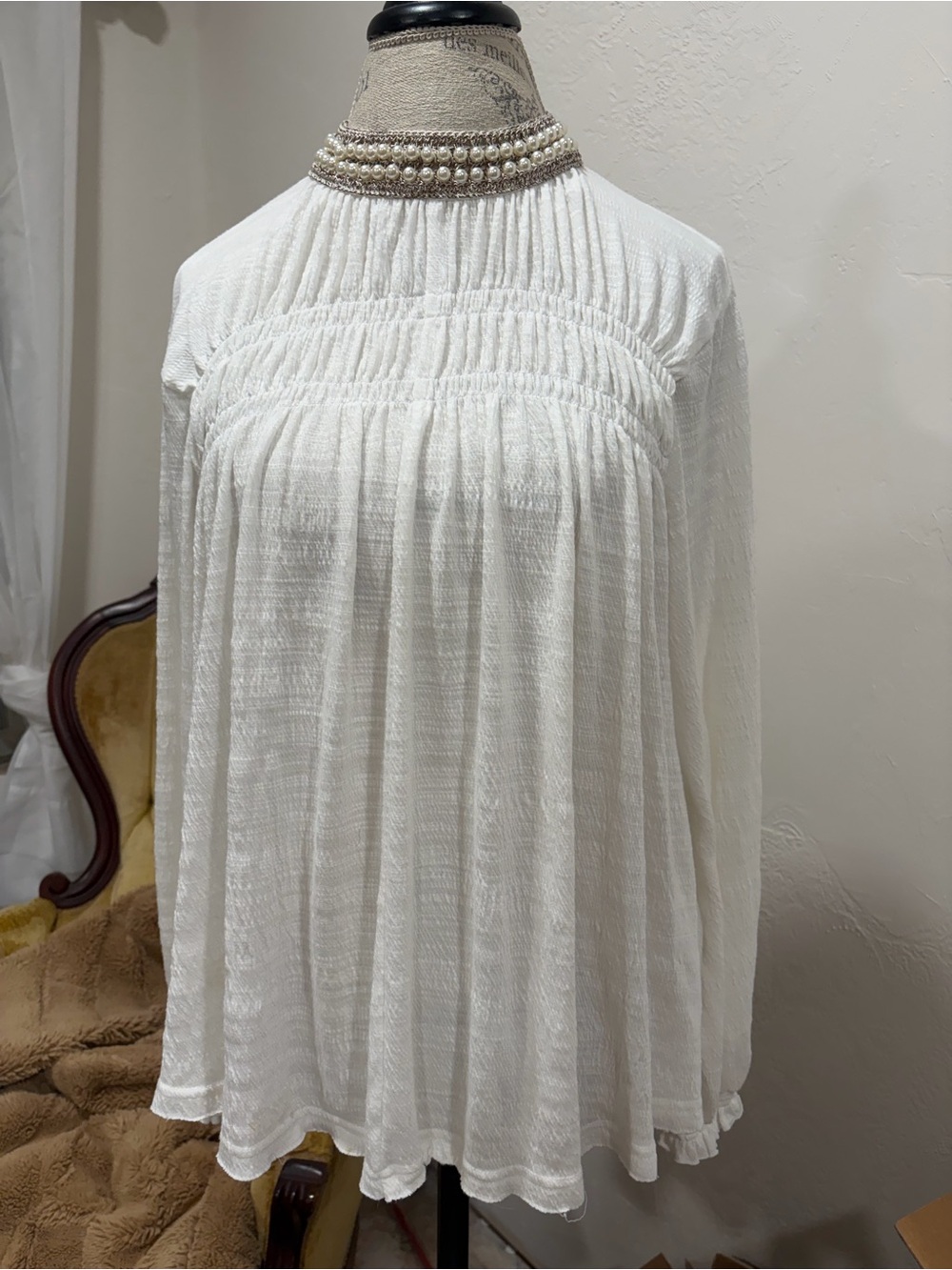 NWOT Smocked Yoke White Long Sleeve Peasant Blouse with crocheted beaded collar